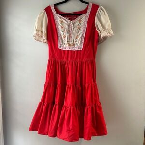 Vintage Partners Please Malco Modes Dirndl Dress 14 Red Cream Floral Embroidered